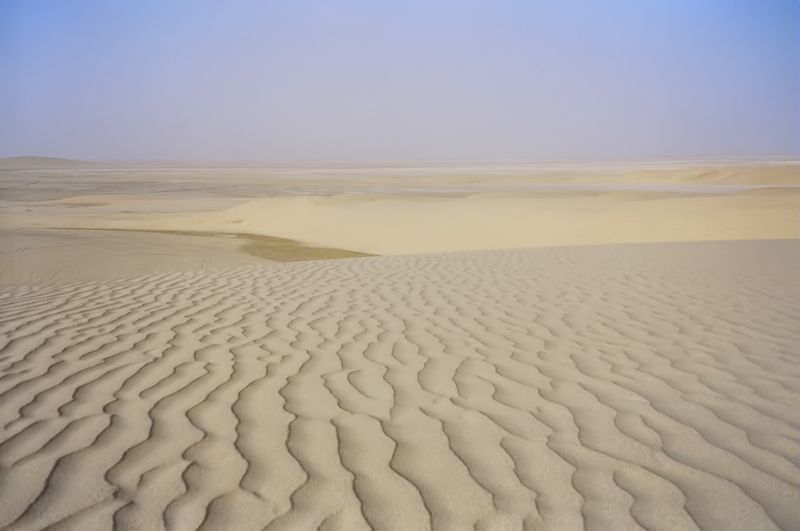 Wind-rippled sand dunes stretching towards a hazy horizon in the Qatari desert